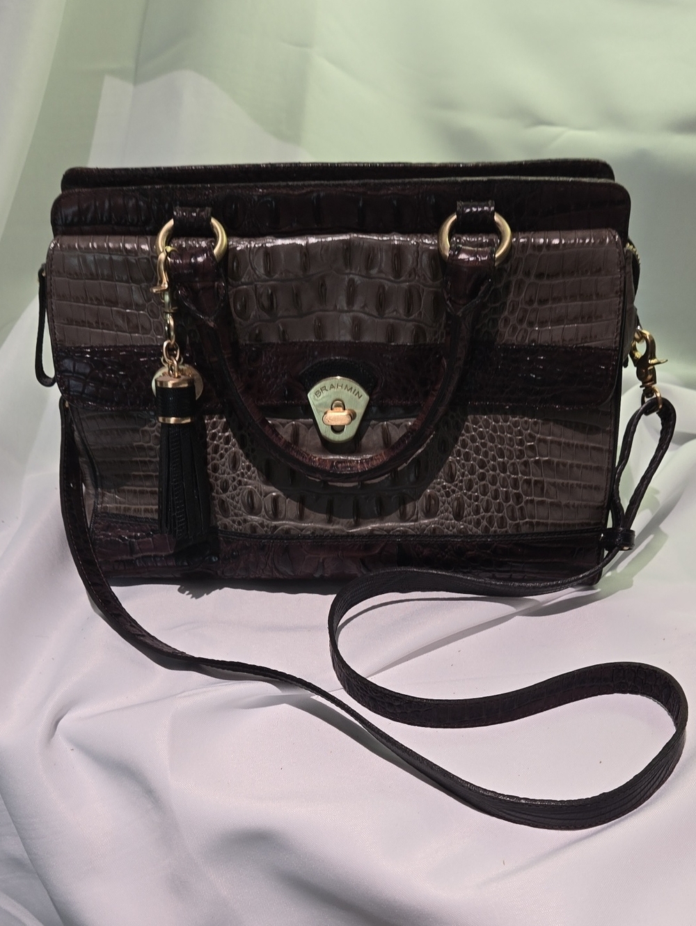 Brahmin Croc-Embossed Satchel in Dark Brown and Black
